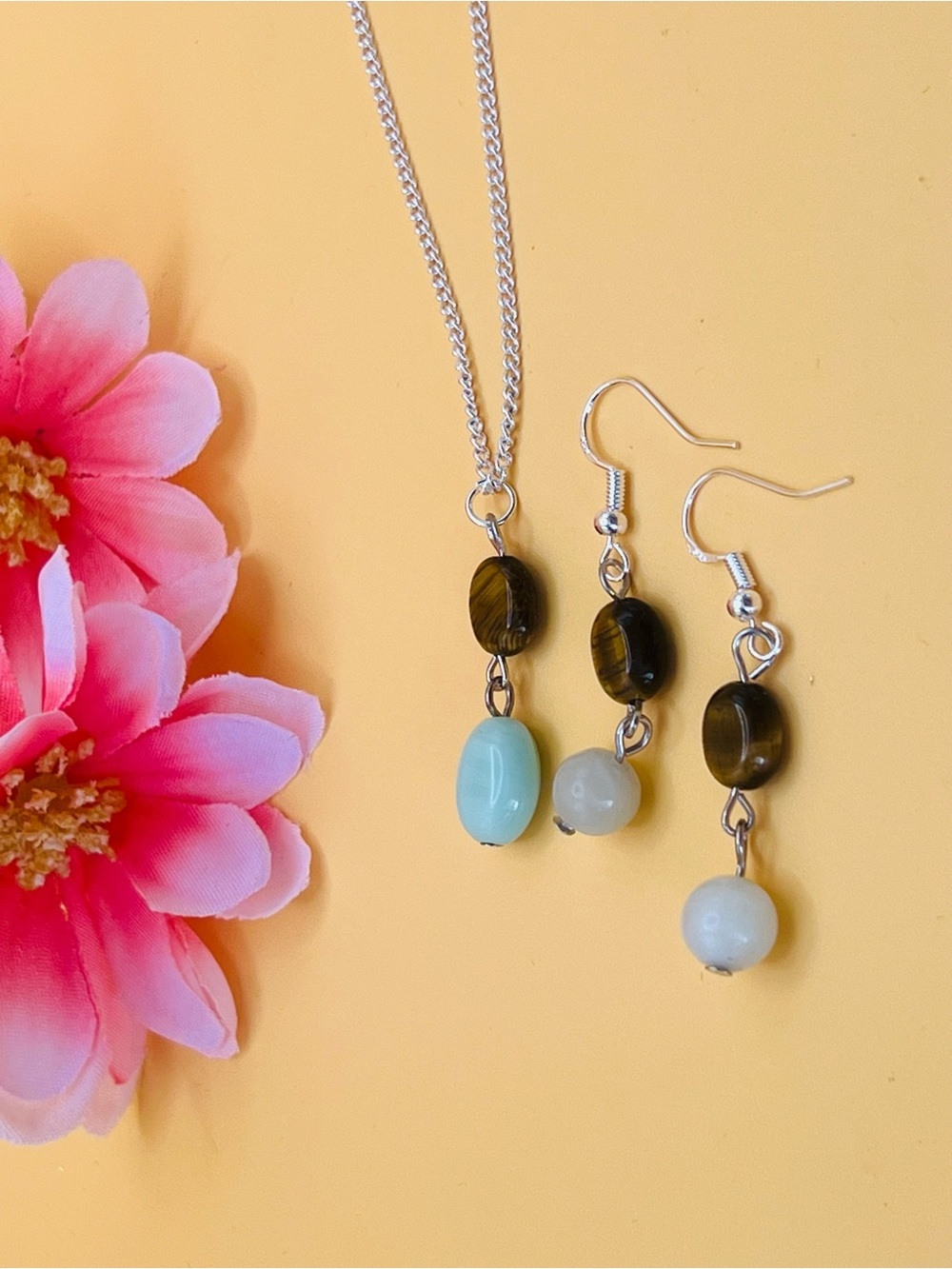 Green Jade Silver and tigers eye Jewelry Set